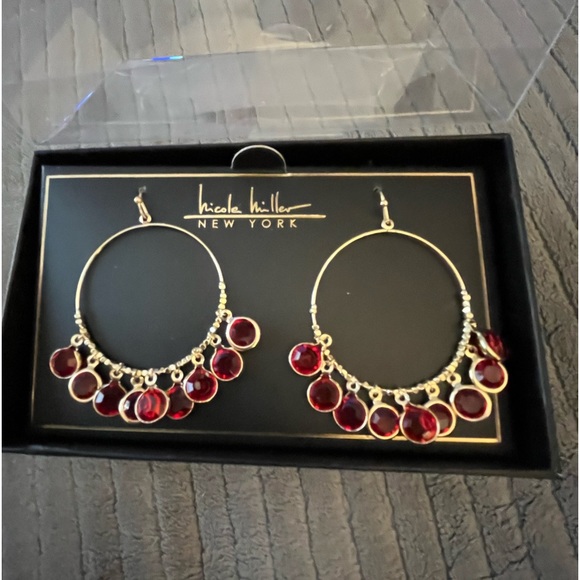 Nicole Miller gold hoops w/ red stones, NWOT, in original packaging. So pretty! - Picture 2 of 3